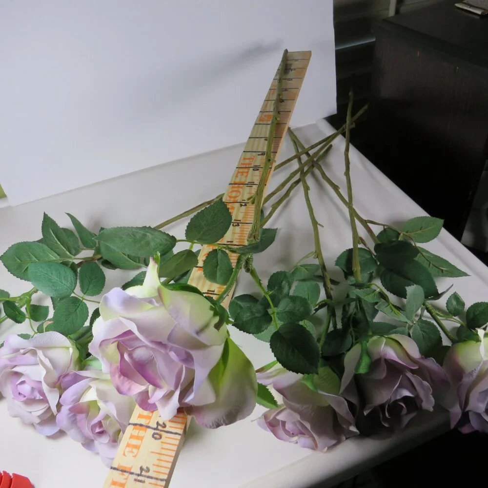 Lavender Purple Roses (7) single long stem silk flowers with soft fabric petals